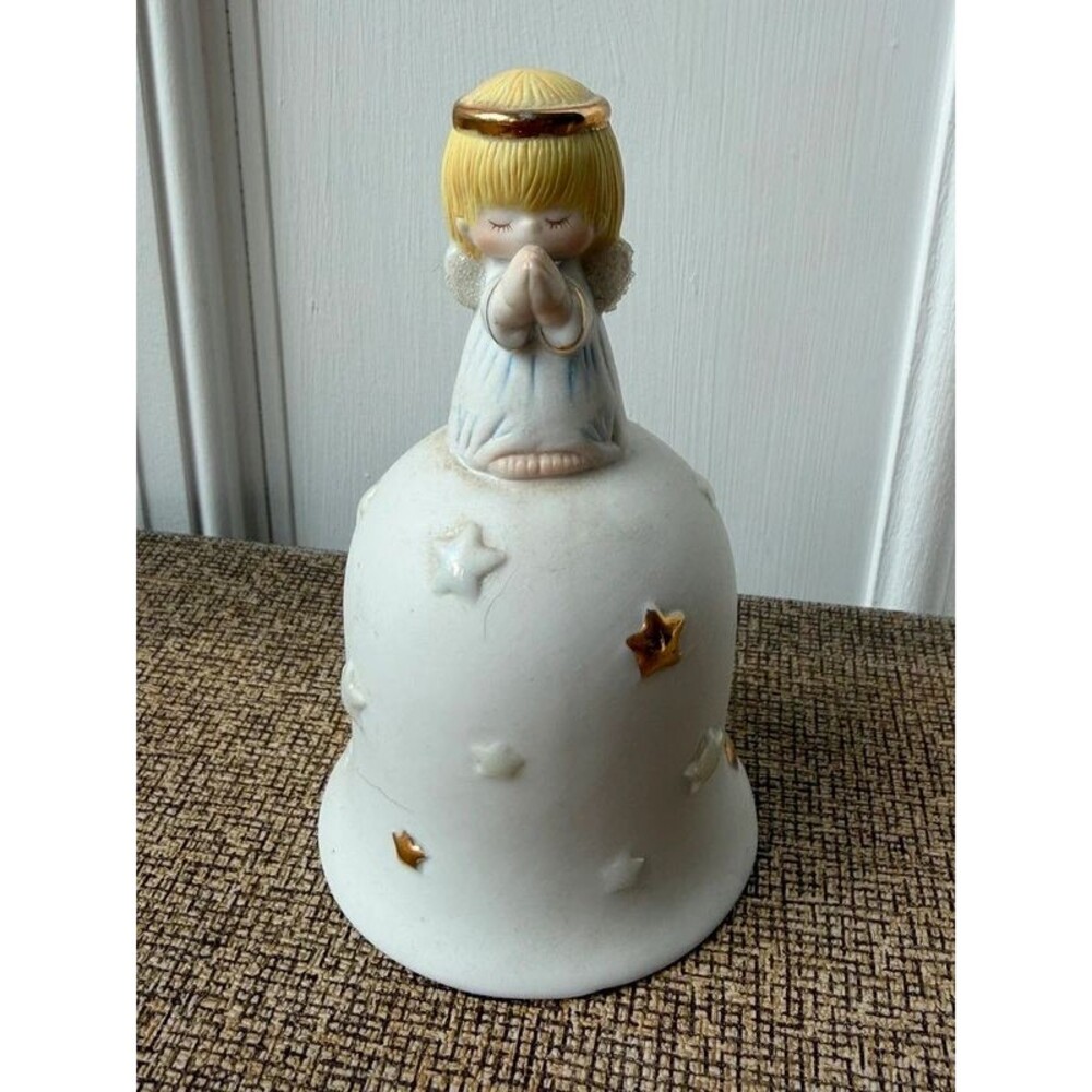 Vtg Porcelain Praying Angel Bell with Stars Dinner Bell 4.75"